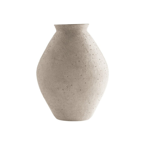 Dale 17 Inch Round Polyresin Vase, Tightly Ribbed Texture, Antique Beige