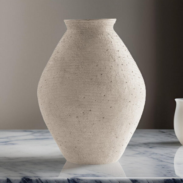 Dale 17 Inch Round Polyresin Vase, Tightly Ribbed Texture, Antique Beige