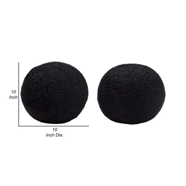 Wily Accent Pillow Set of 2, 10 Inch Round Ball, Black Faux Sheepskin