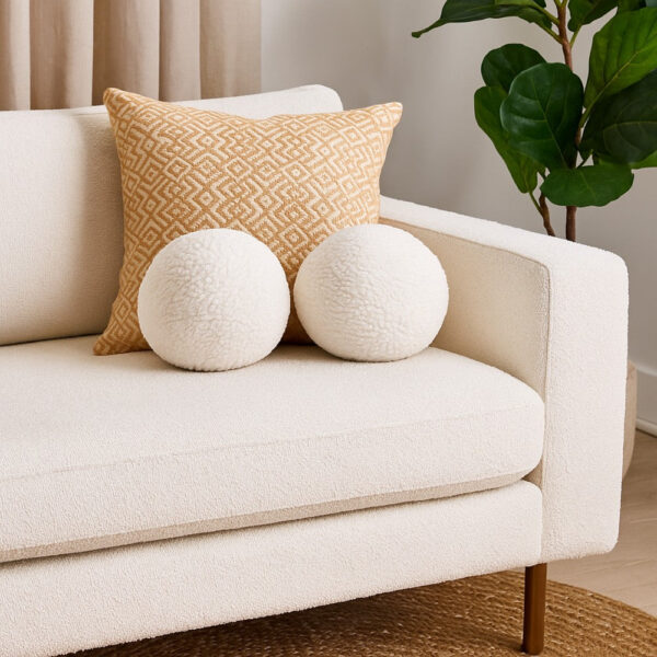 Wily Accent Pillow Set of 2, 10 Inch Round Ball, White Faux Sheepskin