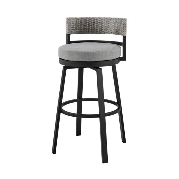 Ella 30 Inch Modern Outdoor Patio Swivel Bar Stool, Aluminum, Gray, Black