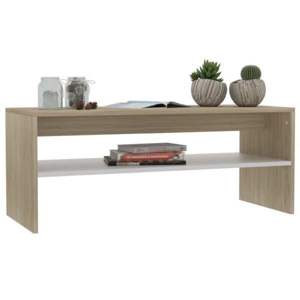 39 Inch Coffee Table w Shelf, Rectangular, Oak Beige and White Wood
