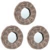 3pc Decorative Wall Mounted Mirror Set, Rattan Wicker Woven Frame in Beige