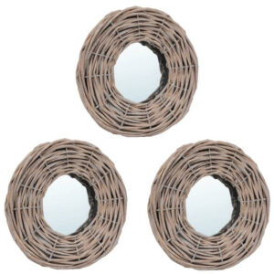 3pc Decorative Wall Mounted Mirror Set, Rattan Wicker Woven Frame in Beige
