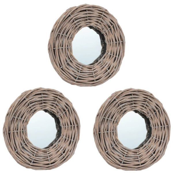 3pc Decorative Wall Mounted Mirror Set, Rattan Wicker Woven Frame in Beige