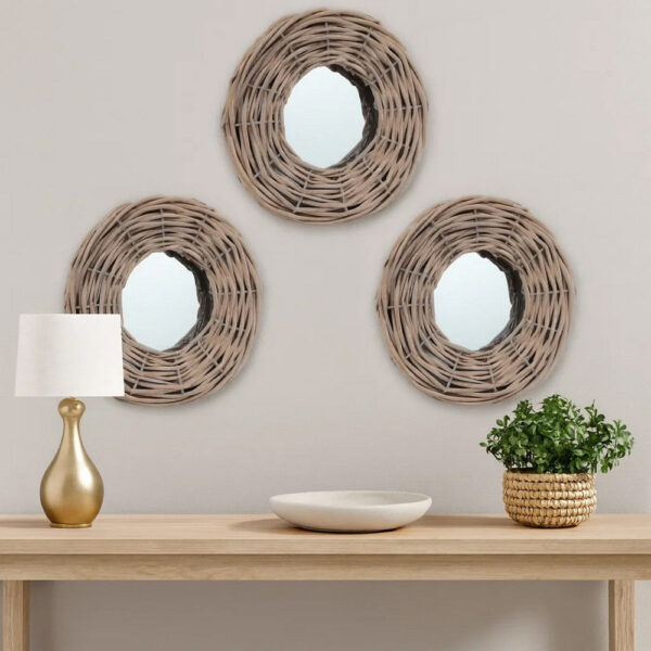 3pc Decorative Wall Mounted Mirror Set, Rattan Wicker Woven Frame in Beige