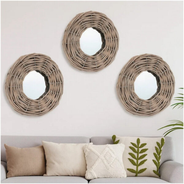 3pc Decorative Wall Mounted Mirror Set, Rattan Wicker Woven Frame in Beige
