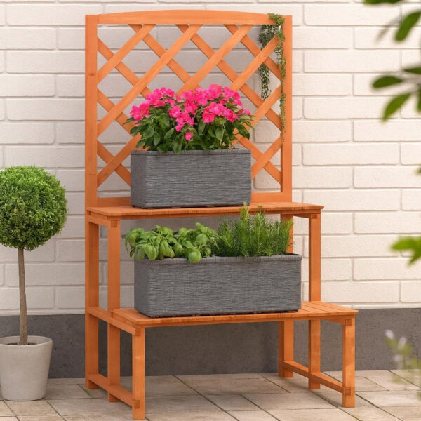 Pany Planter Stand with Trellis, 2 Tier Adjustable Shelves, Solid Firwood