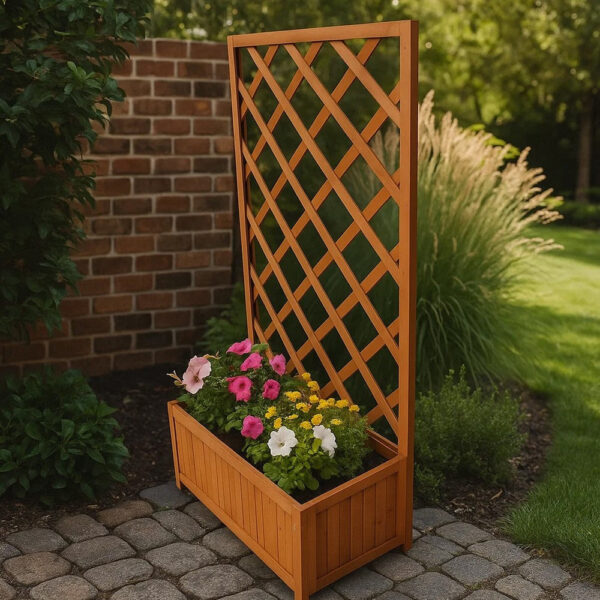 Biny Outdoor Garden Planter, Built In Trellis, Natural Brown Solid Wood