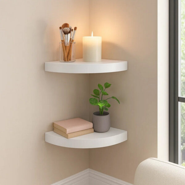 Phoebs Floating Corner Wall Shelf Set of 2, White Honeycomb, Rounded, 10 Inch