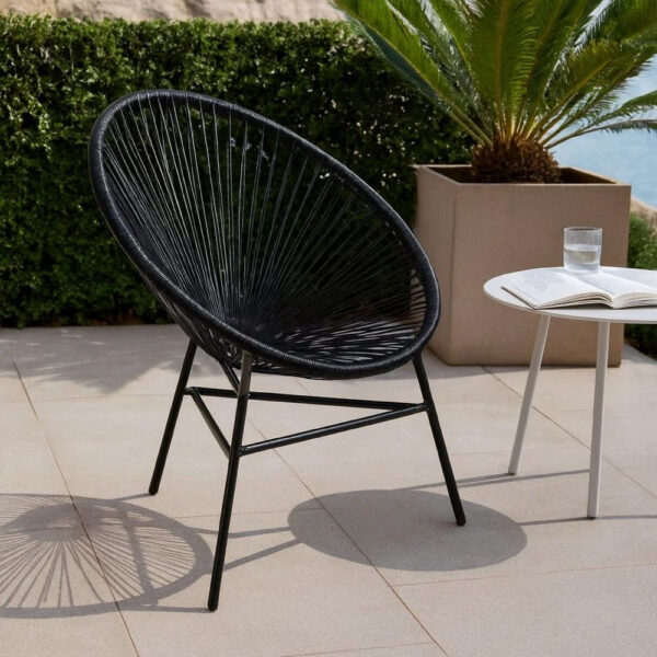 Outdoor Chair, BlackPoly Rattan, Powder Coated Steel, Round Shape