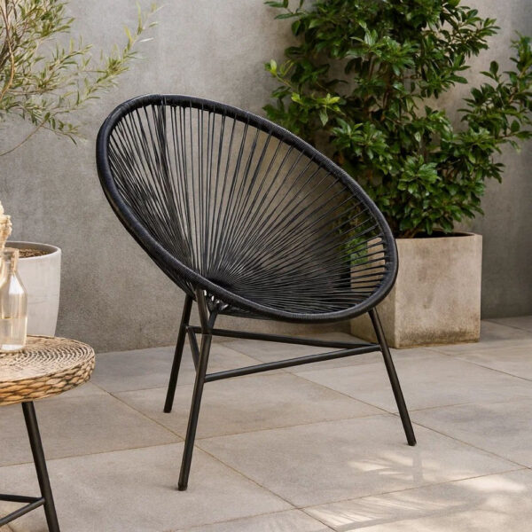 Outdoor Chair, BlackPoly Rattan, Powder Coated Steel, Round Shape