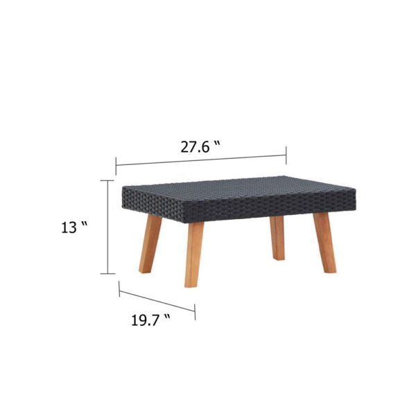 Keina Outdoor Coffee Table, Black Faux Rattan, Brown Wood, Square 28 Inch