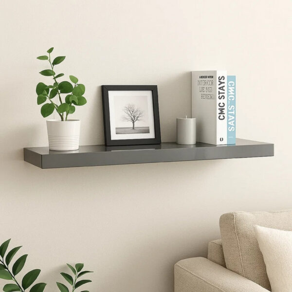 Zyno Wall Shelf, 32 Inch, Glossy Gray MDF Body, Modern Design