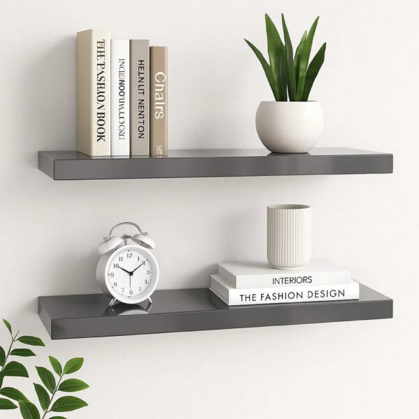 Zyno Wall Shelf Set of 2, Glossy Gray MDF Body, Modern Design 32 Inch