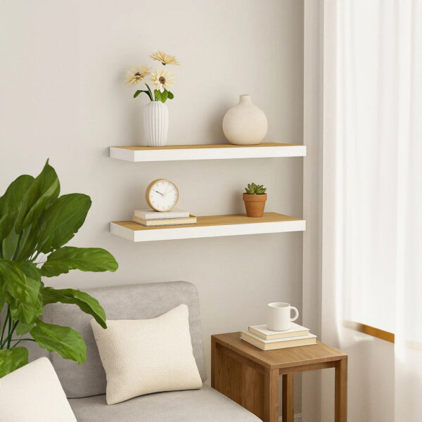 Zyno Wall Shelf Set of 2, 32 Inch Natural White and Oak Brown Finish