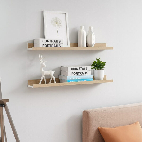 Yuli Wall Shelf Set of 2, Farmhouse Brown White, Raised Ledge Design 32 Inch