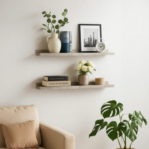 Yuli Wall Shelf Set of 2, Concrete Gray, Raised Ledge Design 32 Inch