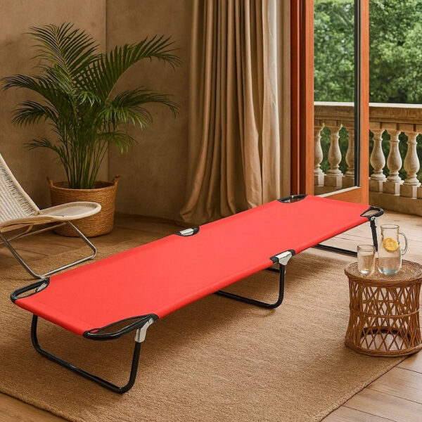 Outdoor Chaise Lounger, Red Polyester, Black Powder-Coated Steel, 75 Inch