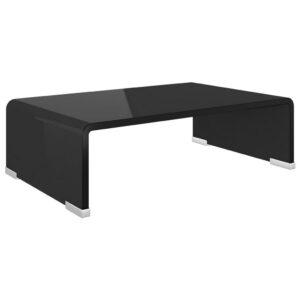 39 Inch TV Stand, Black Tempered Glass, High-Gloss Finish, C Shape