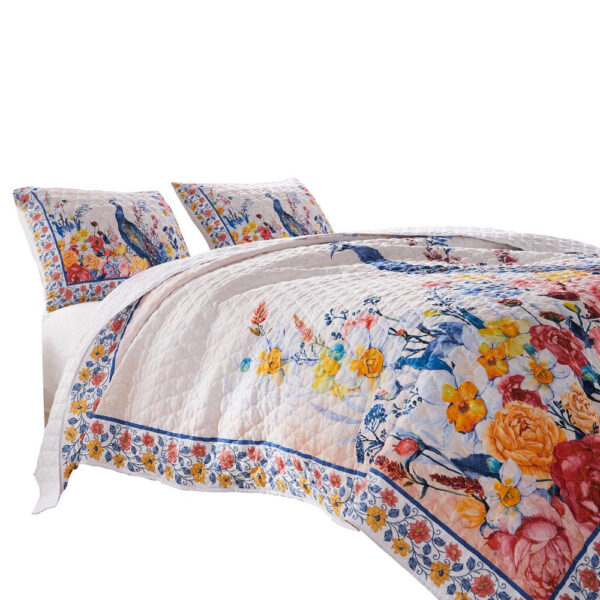 Tess Microfiber 3 Piece King Quilt Set, Peacock, Floral Print, Multicolor