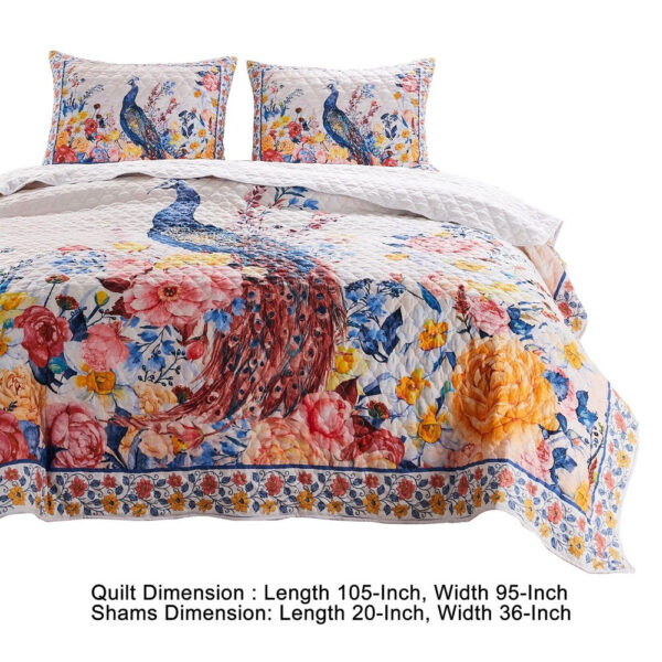 Tess Microfiber 3 Piece King Quilt Set, Peacock, Floral Print, Multicolor
