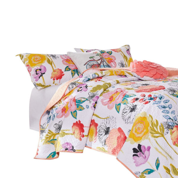 Mavi 5 Piece Reversible Full Quilt Set, Spring Floral Print, Multicolor