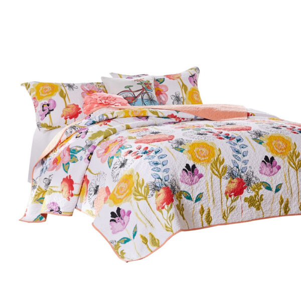 Mavi 4 Piece Reversible Twin Quilt Set, Spring Floral Print, Multicolor