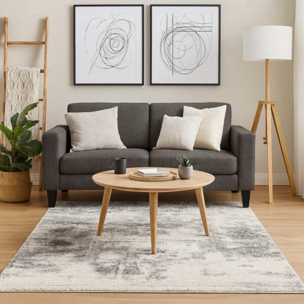 Pax 5 x 7 Modern Area Rug, Smoky Paint Design, Fabric, Medium, Cream, Gray