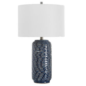 27 Inch Ceramic Table Lamp, Wavy Texture, Blue, Silver, White