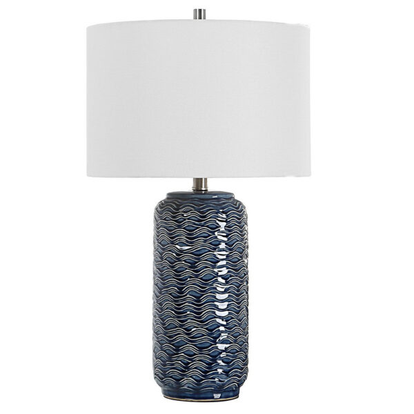 27 Inch Ceramic Table Lamp, Wavy Texture, Blue, Silver, White