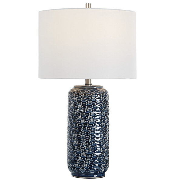 27 Inch Ceramic Table Lamp, Wavy Texture, Blue, Silver, White