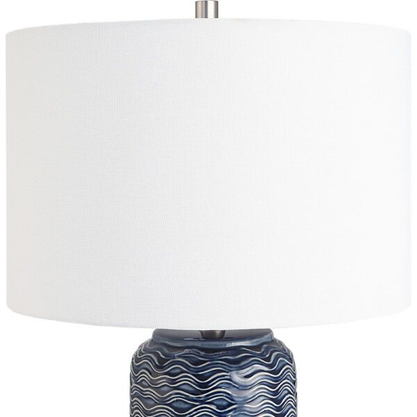 27 Inch Ceramic Table Lamp, Wavy Texture, Blue, Silver, White