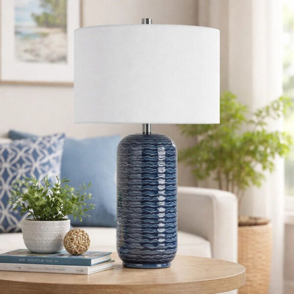 27 Inch Ceramic Table Lamp, Wavy Texture, Blue, Silver, White