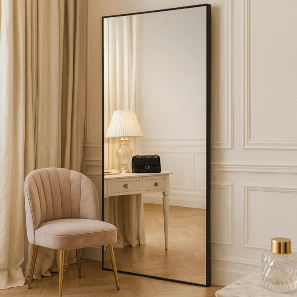 40 Inch Wood Wall Mirror, Rectangular Thin Frame, Black