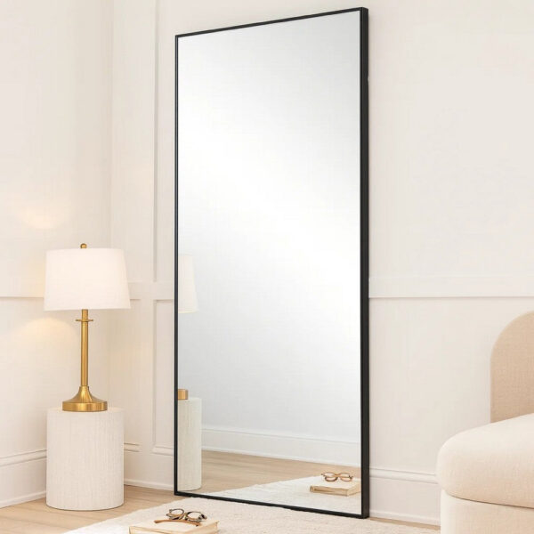 40 Inch Wood Wall Mirror, Rectangular Thin Frame, Black
