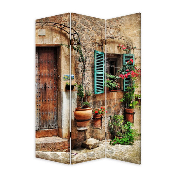 72 Inch 3 Panel Canvas Room Divider, Streets, Flowers, Plants, Multicolor