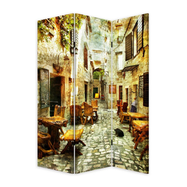 72 Inch 3 Panel Canvas Room Divider, Streets, Flowers, Plants, Multicolor