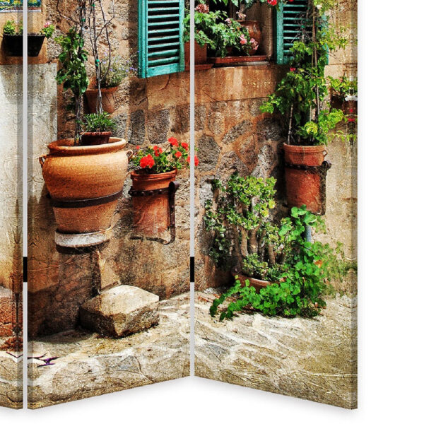 72 Inch 3 Panel Canvas Room Divider, Streets, Flowers, Plants, Multicolor