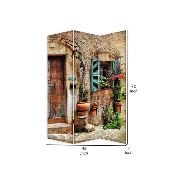 72 Inch 3 Panel Canvas Room Divider, Streets, Flowers, Plants, Multicolor