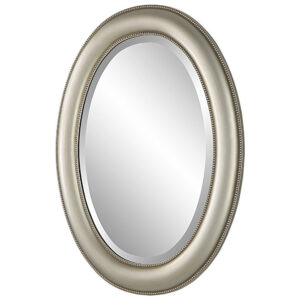 29 Inch Wood Wall Mirror, Beaded Oval Shape, Metallic Silver