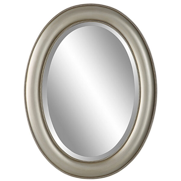 29 Inch Wood Wall Mirror, Beaded Oval Shape, Metallic Silver