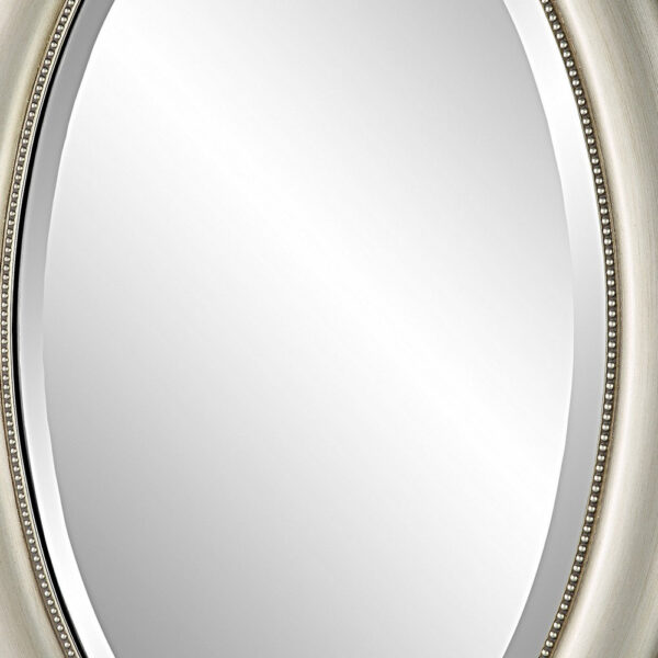 29 Inch Wood Wall Mirror, Beaded Oval Shape, Metallic Silver