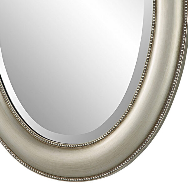 29 Inch Wood Wall Mirror, Beaded Oval Shape, Metallic Silver