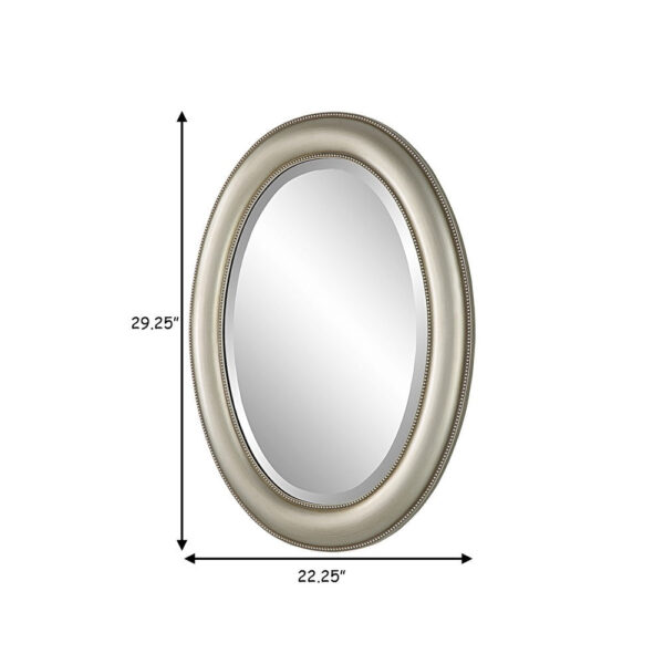 29 Inch Wood Wall Mirror, Beaded Oval Shape, Metallic Silver