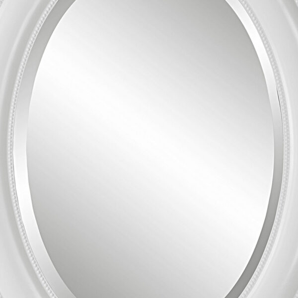 29 Inch Wood Wall Mirror, Beaded Oval Shape, White