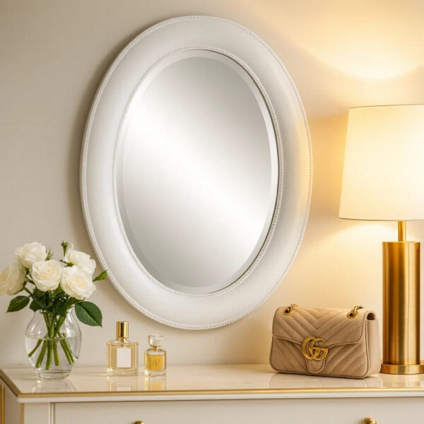 29 Inch Wood Wall Mirror, Beaded Oval Shape, White