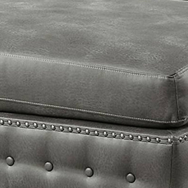 Simi 34 Inch Square Ottoman, Handcrafted Legs, Gray Vegan Faux Leather