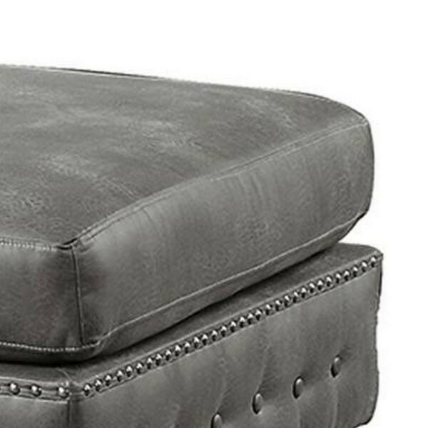 Simi 34 Inch Square Ottoman, Handcrafted Legs, Gray Vegan Faux Leather