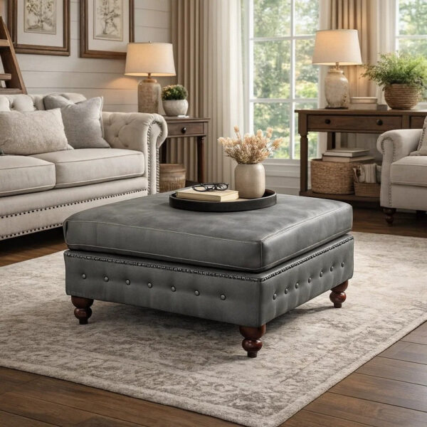 Simi 34 Inch Square Ottoman, Handcrafted Legs, Gray Vegan Faux Leather